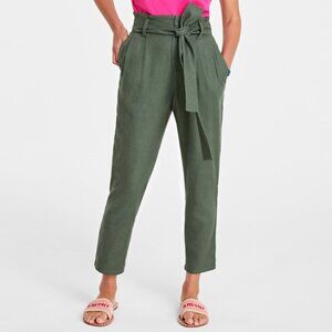 On 34th Women's Linen Rayon Belted Paperbag Pants Size 10 Palmetto Green Boho